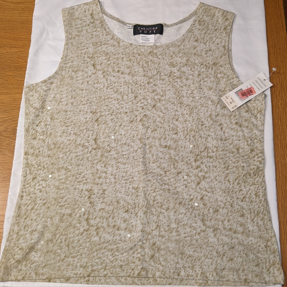 Christina Hope Sleeveless Tank Top Tan with Sequins Women's Large NWT